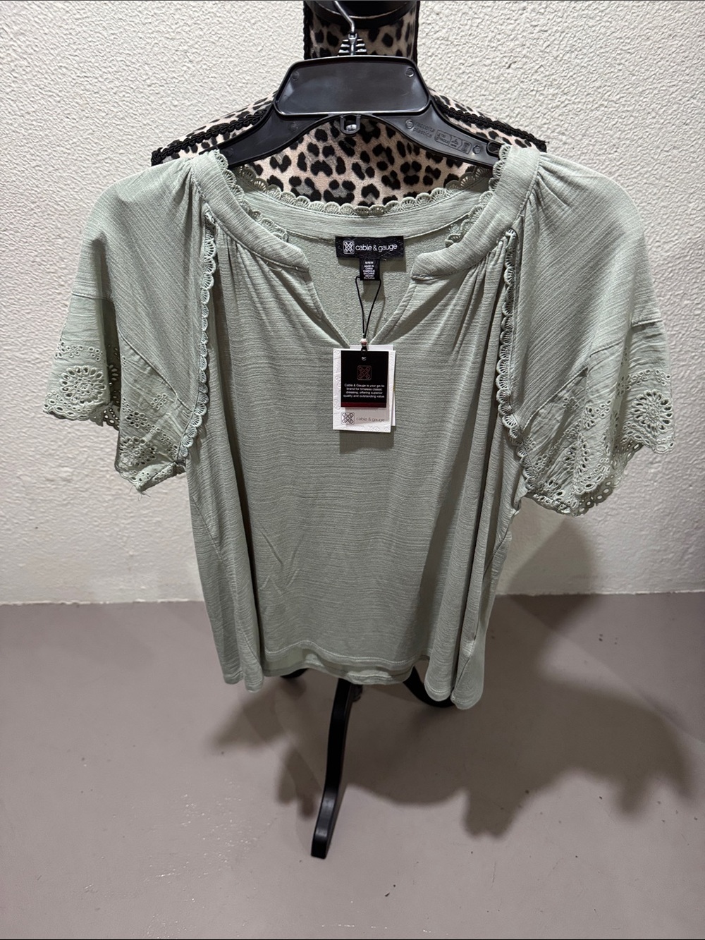 Cable & Gauge Sage Green Crochet-Trim Short Sleeve Blouse
